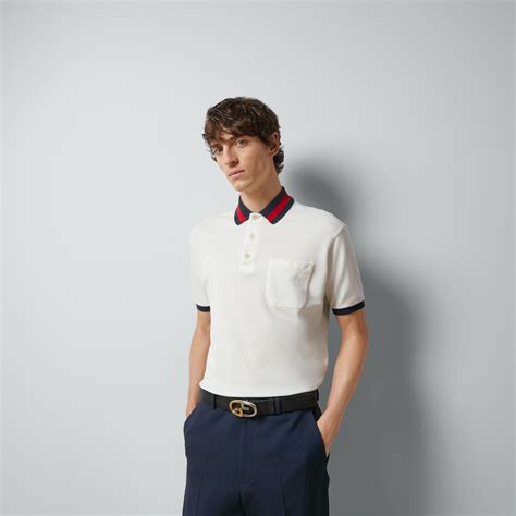 Cotton piquet polo with Web collar in ivory 